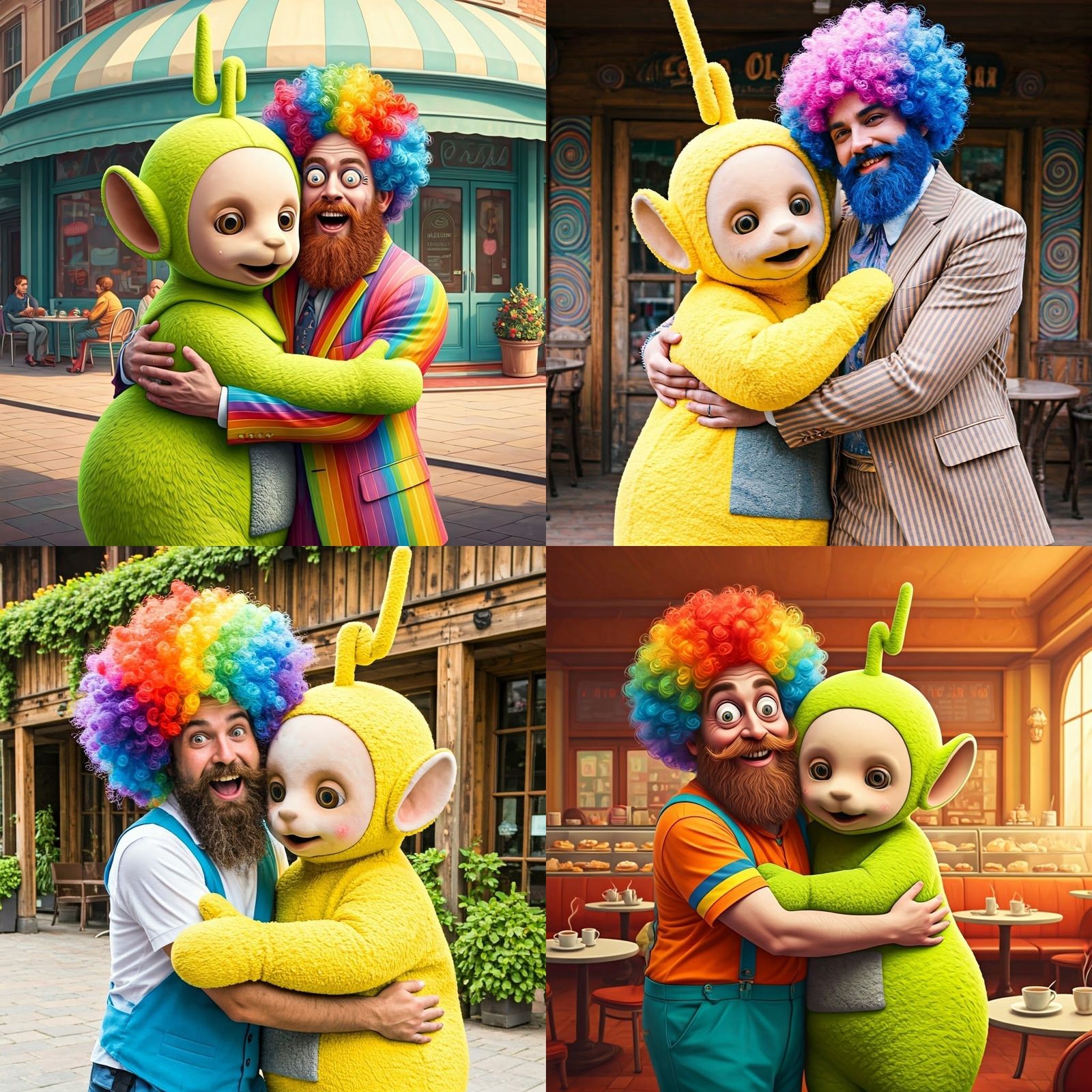 Bizarre Scene of a Bearded Man Hugging a Teletubby in Front ...