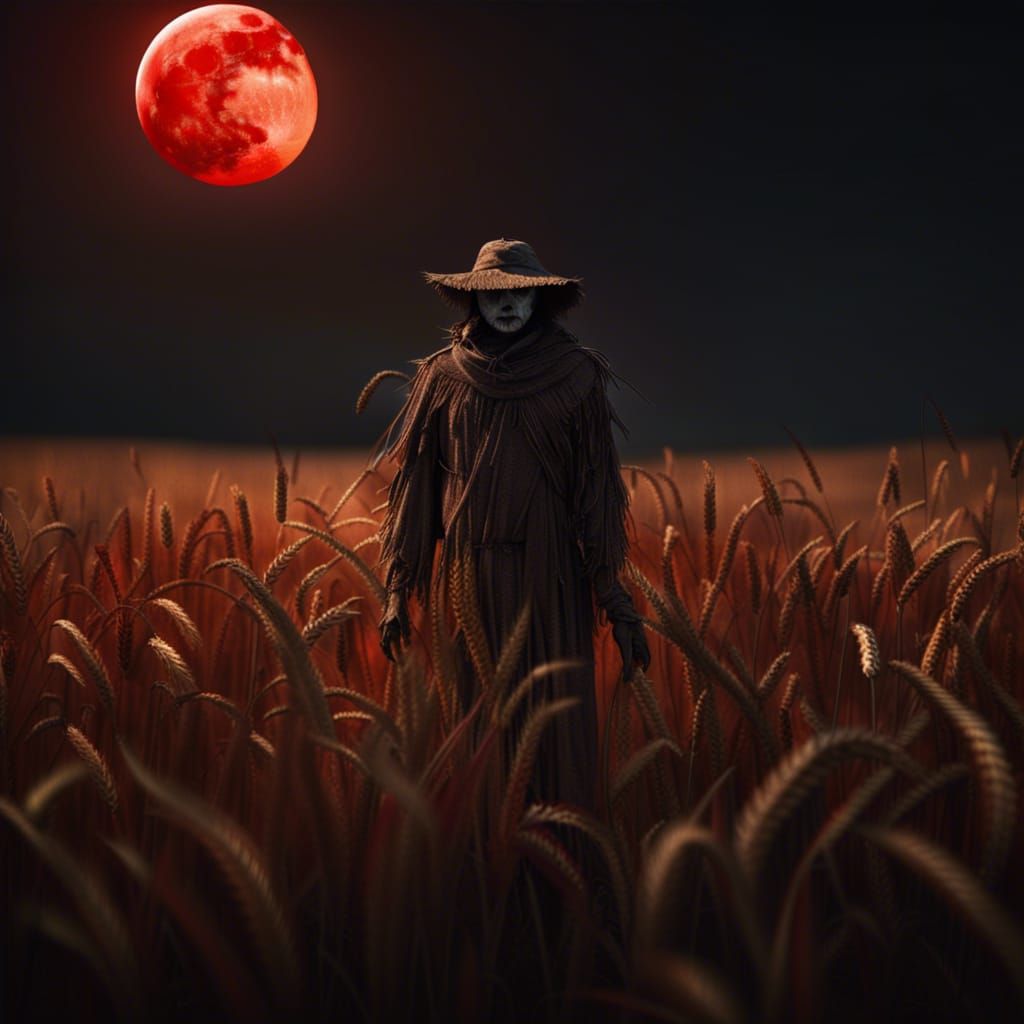Eerie Scarecrow in Wheat Field Under Blood Moon