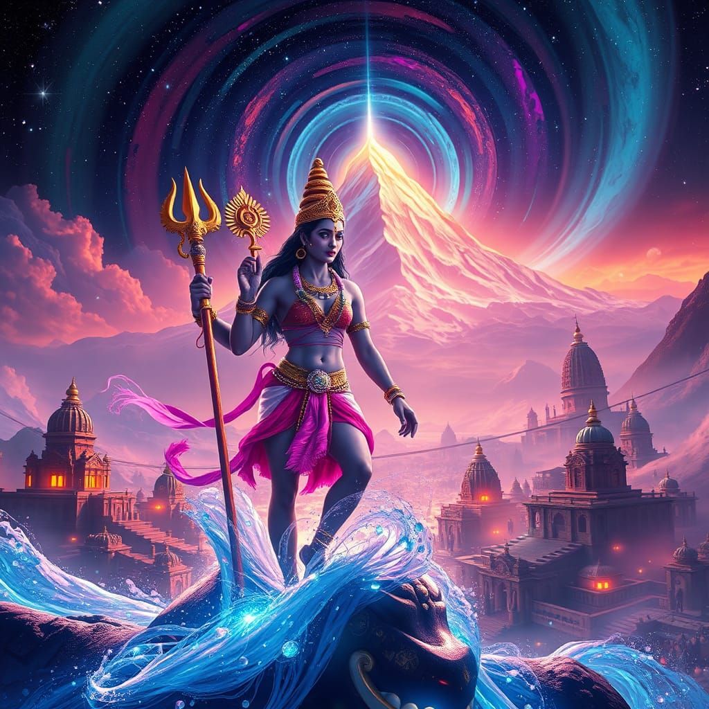 Sci-Fi Vishnu and Cyberpunk Woman Ascending Mount Meru