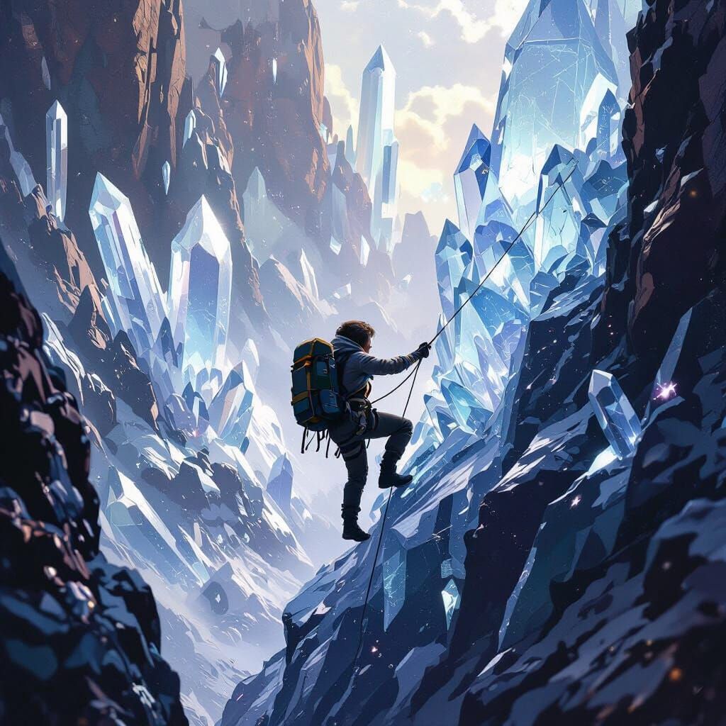 Adventurer Climbs Crystal Cliff in Digital Art Style