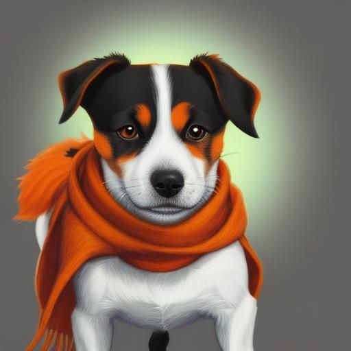 A jack russell terrier wearing a big fuzzy orange scarf