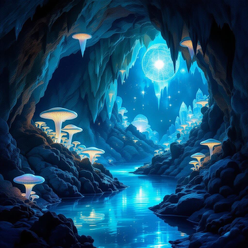 Bioluminescent Cave Illuminates Celestial Murals in Art Nouv...