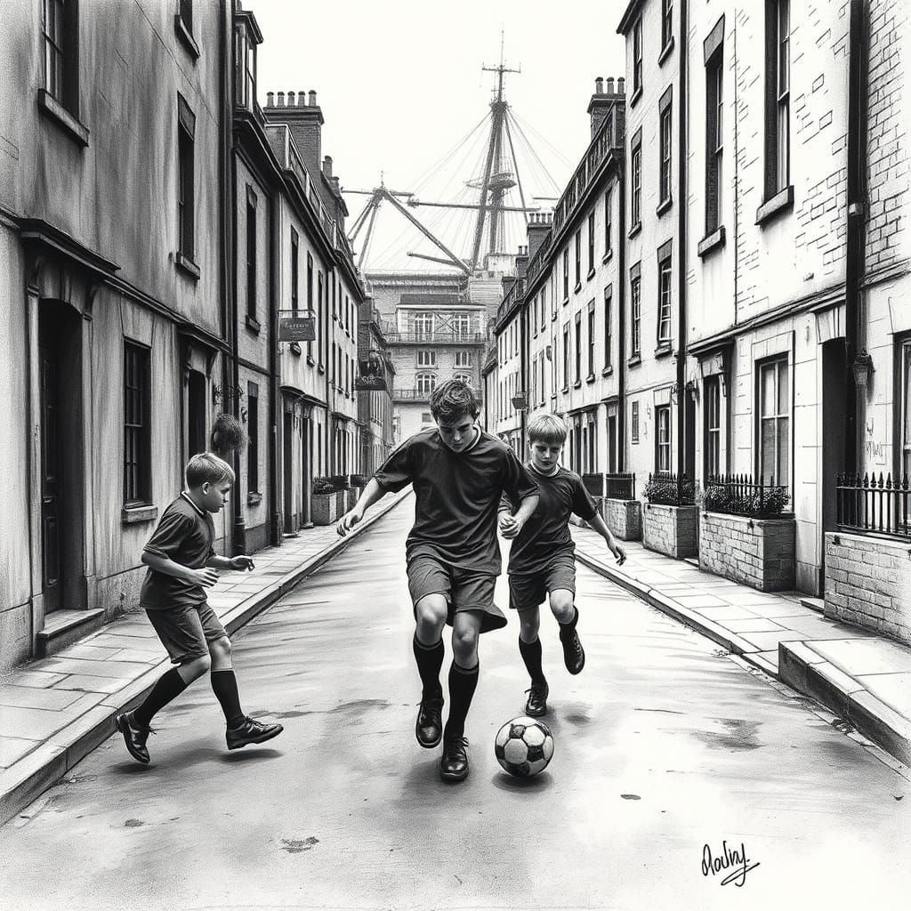 Boys Play Football in Victorian Street: Charcoal Drawing