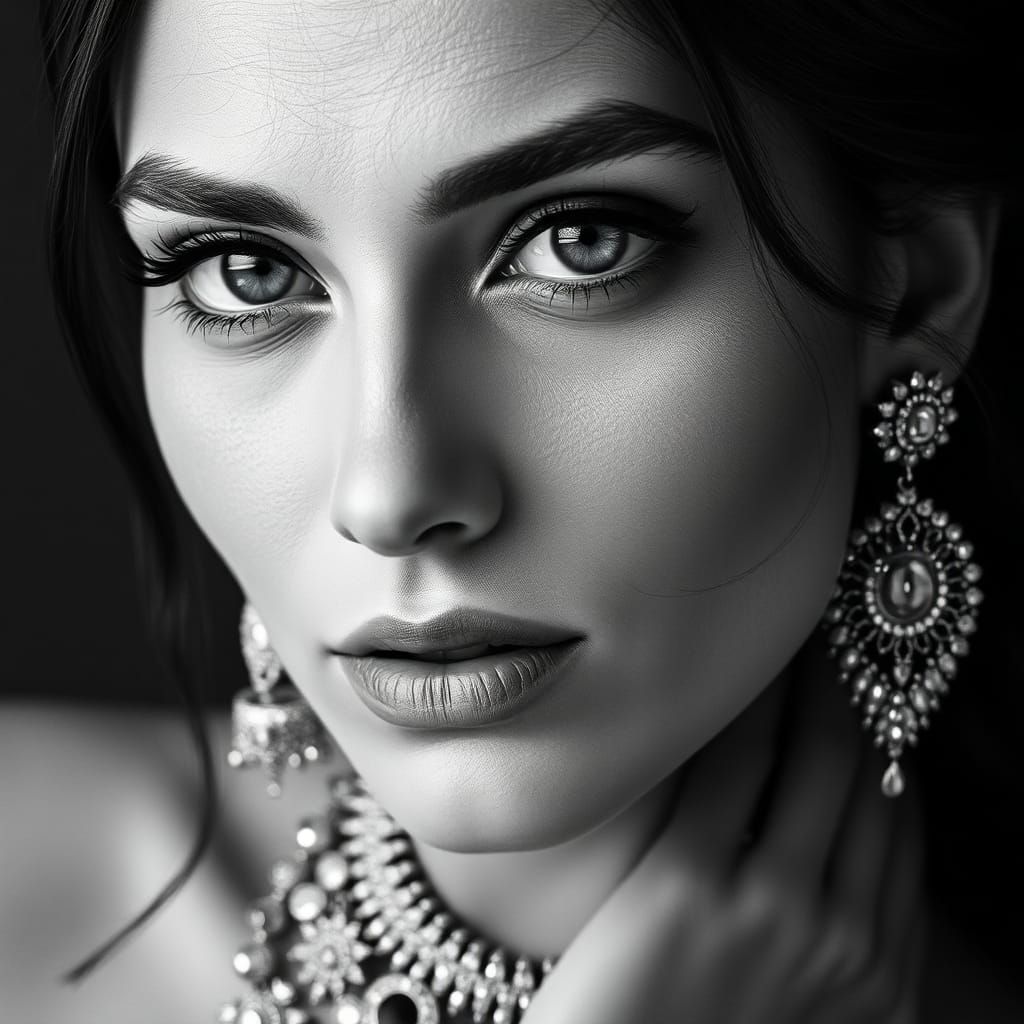 Elegant Black and White Portrait with Intricate Jewelry