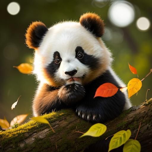 Adorable Panda Cub with Bokeh Autumn Background