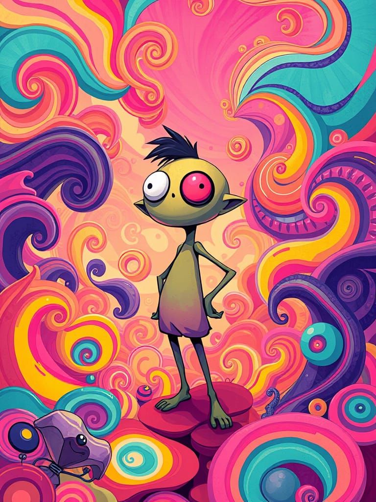 Whimsical Character in a Fantastical Landscape