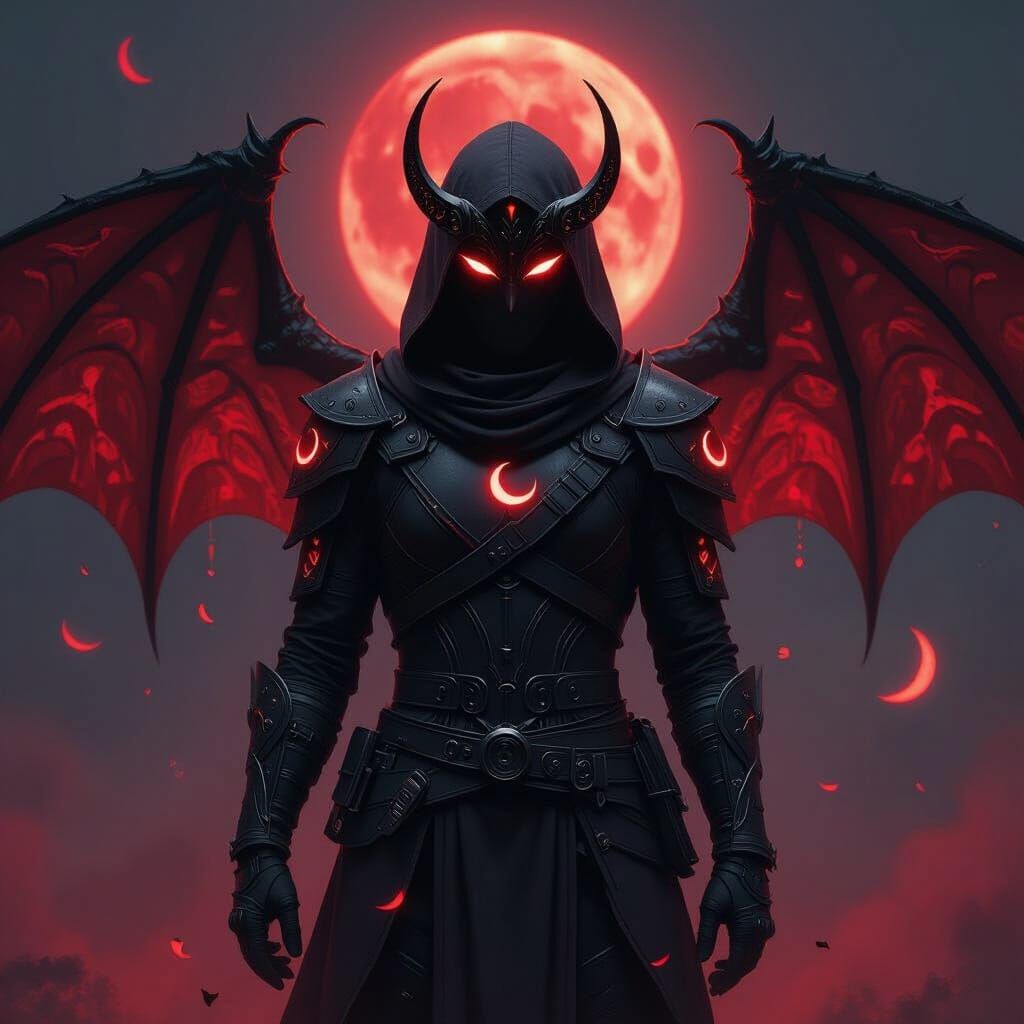 Blood Moon Assassin with Glowing Runes and Shadow Wings