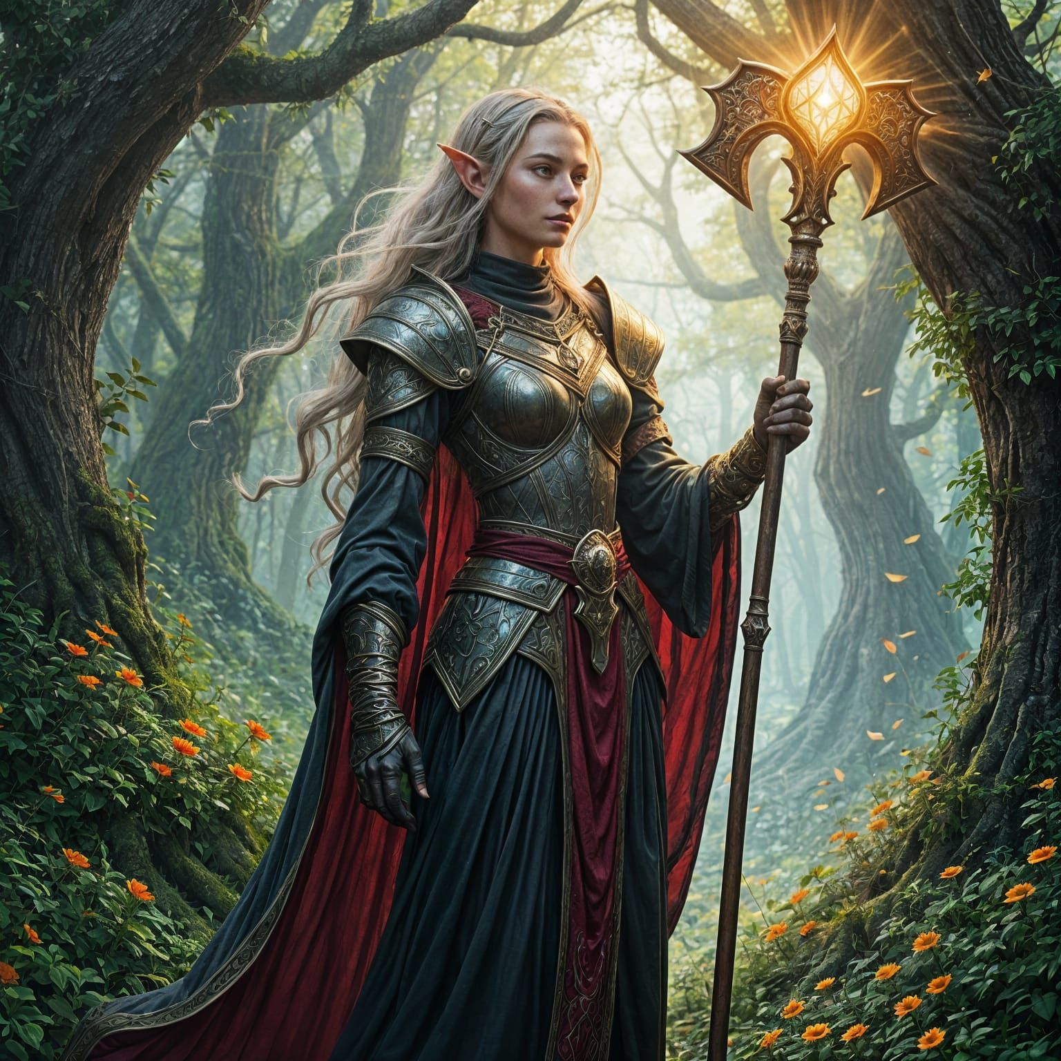 Elven Cleric in Magical Forest