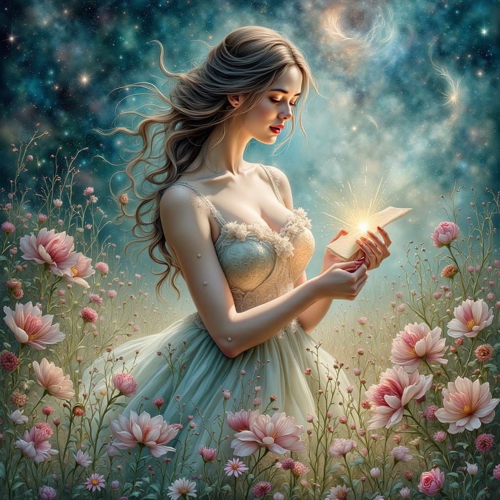 Ethereal Woman with Glowing Letter in Stardust