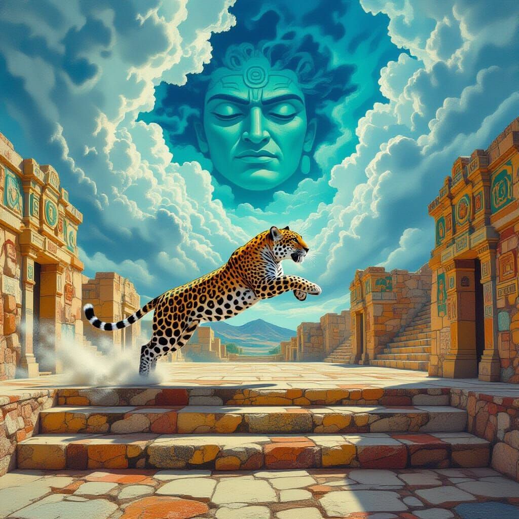 Jaguar Leaps to Ball Court Under Stormy Skies