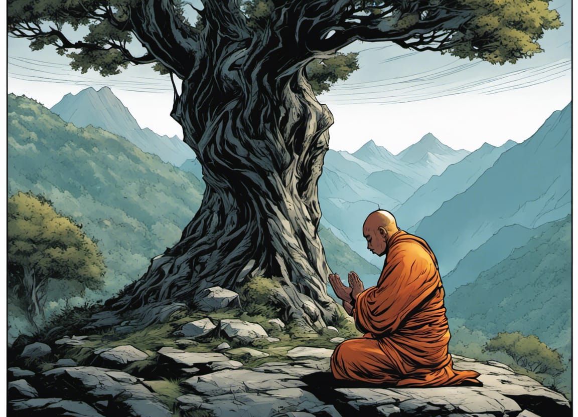Hindu Monk's Mountain Penance: Comic Book Art