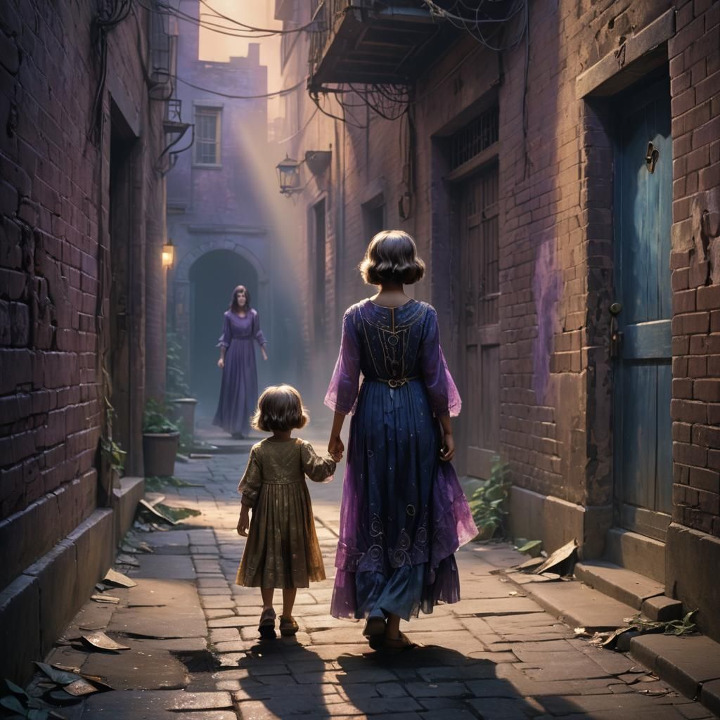 Child and Ghostly Woman in Art Nouveau Style