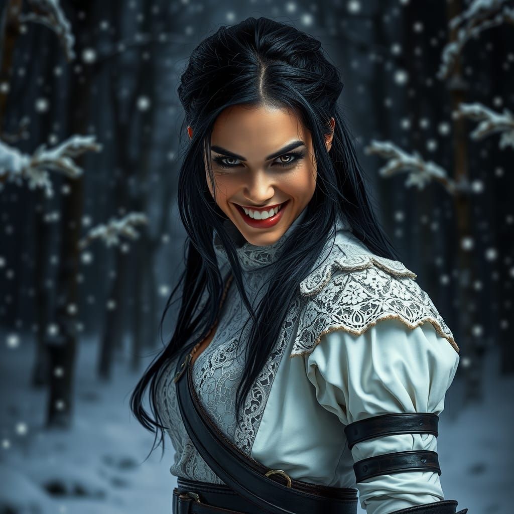 Menacing Woman Warrior in Winter Forest, Hyperrealistic HDR
