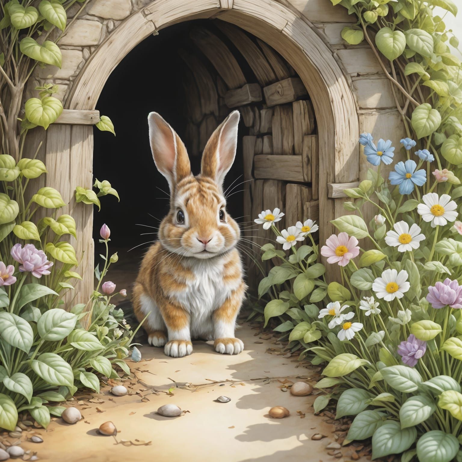 Idyllic Rabbit Pencil Drawing in Brambley Hedge Style