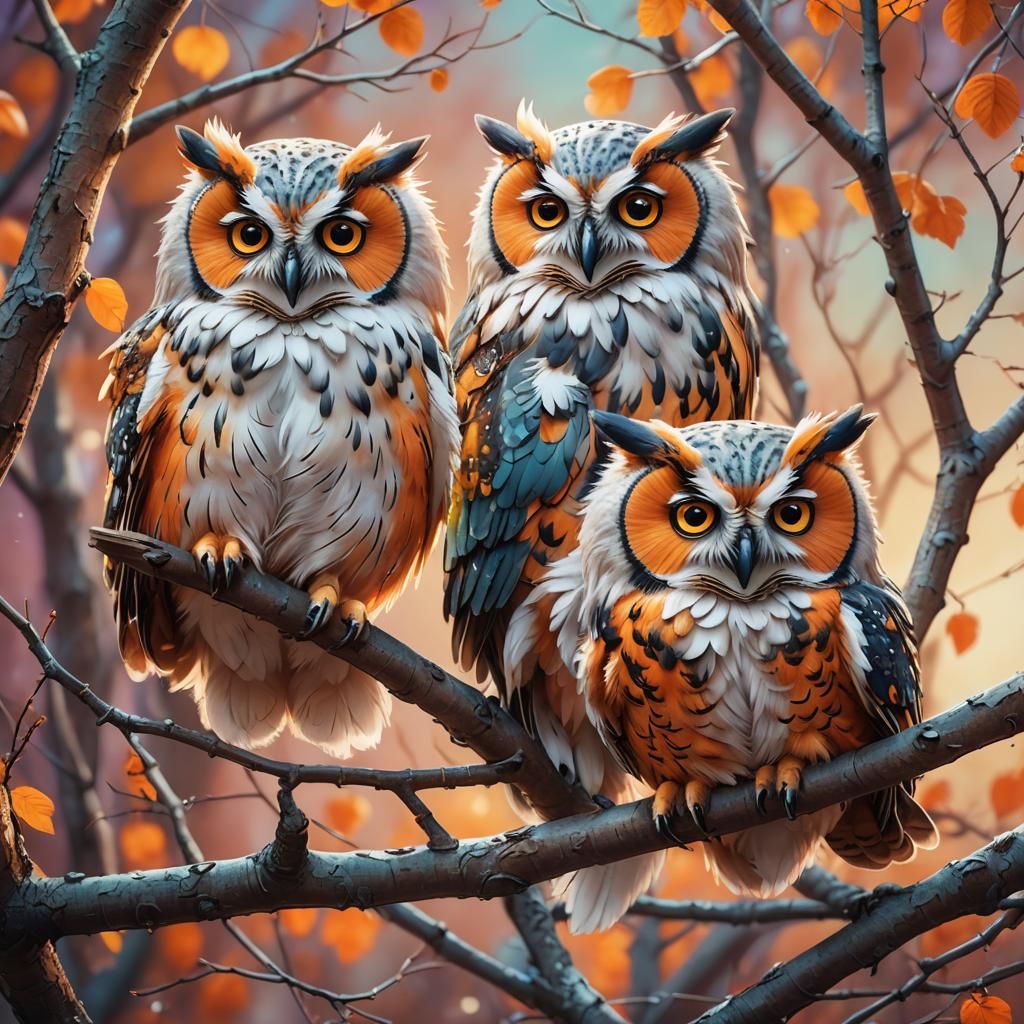 Cute Colorful Owls on Branch: 3D Digital Art