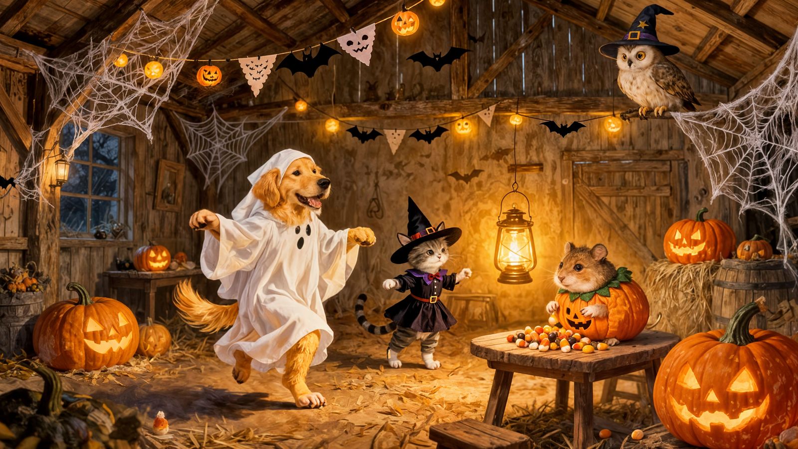 Animals Celebrate Halloween in Rustic Barn Party