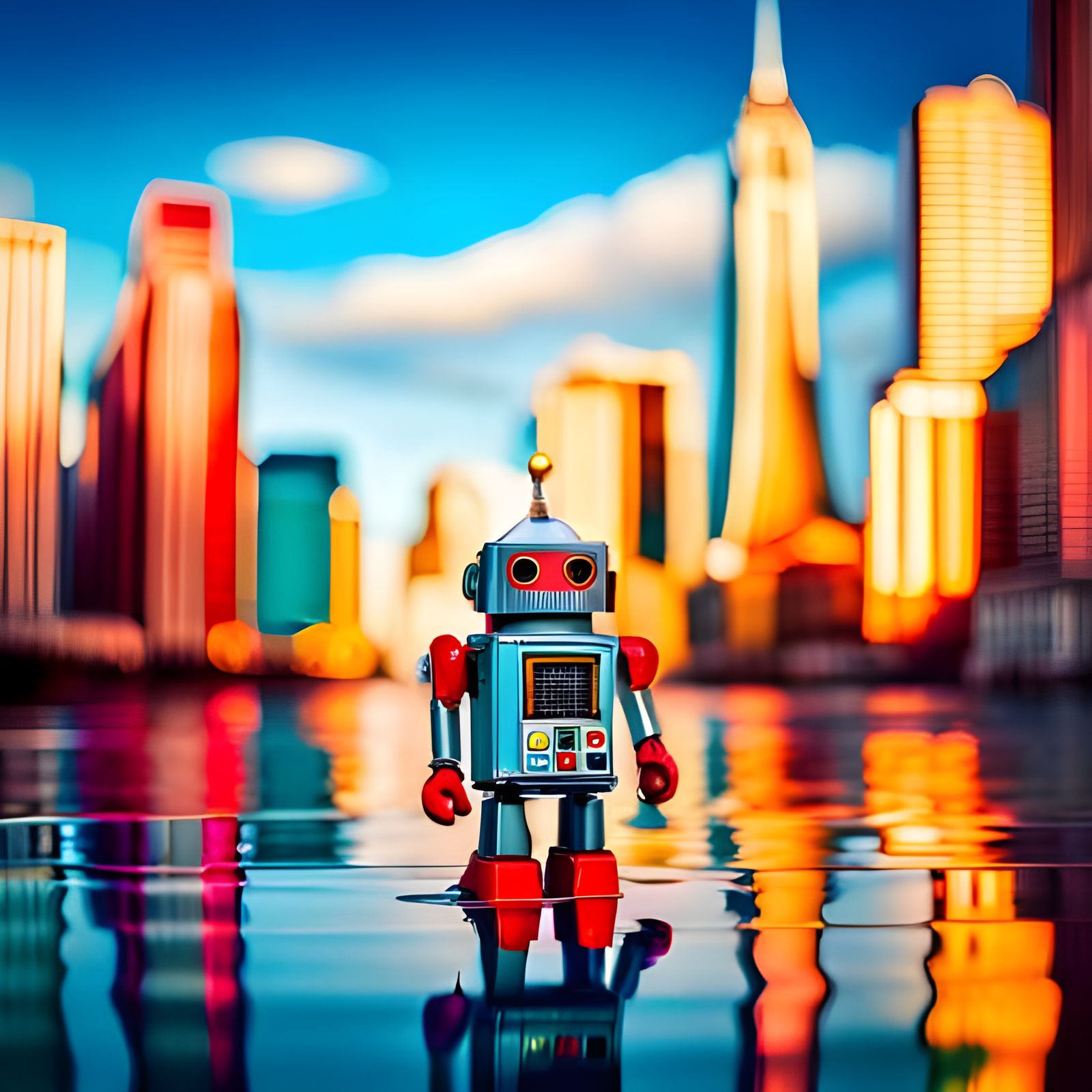Cute Chrome Robot Toys in Graffiti Art Deco Town
