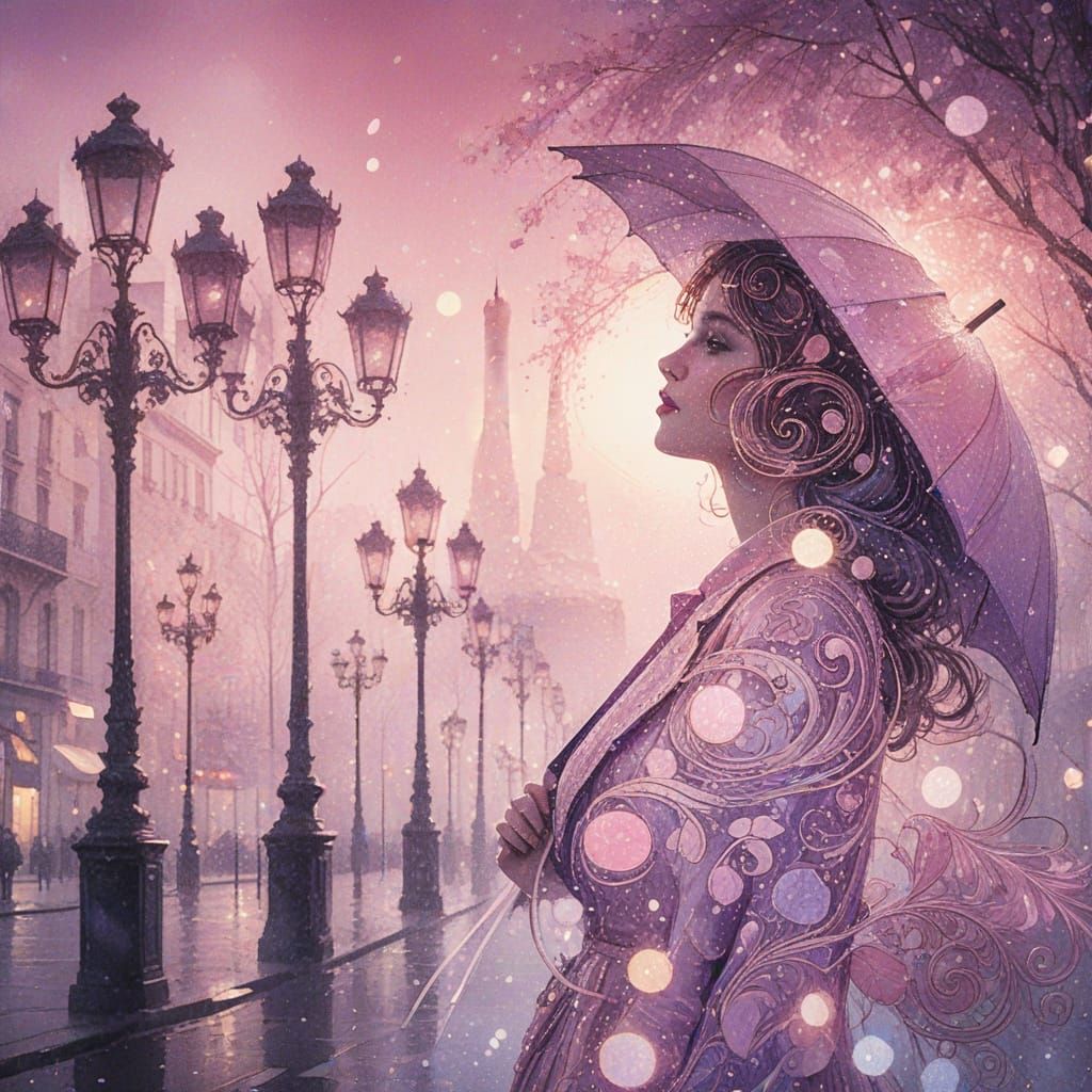 Dreamy Parisian Night in Klimt's Whimsical Style