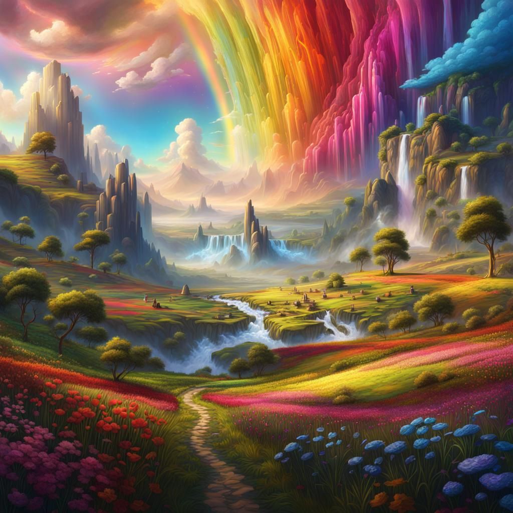 Surreal Sky Waterfalls in Rainbow Kingdom