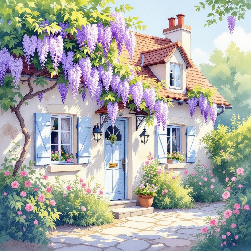 Charming Watercolor Cottage with Wisteria Blossoms