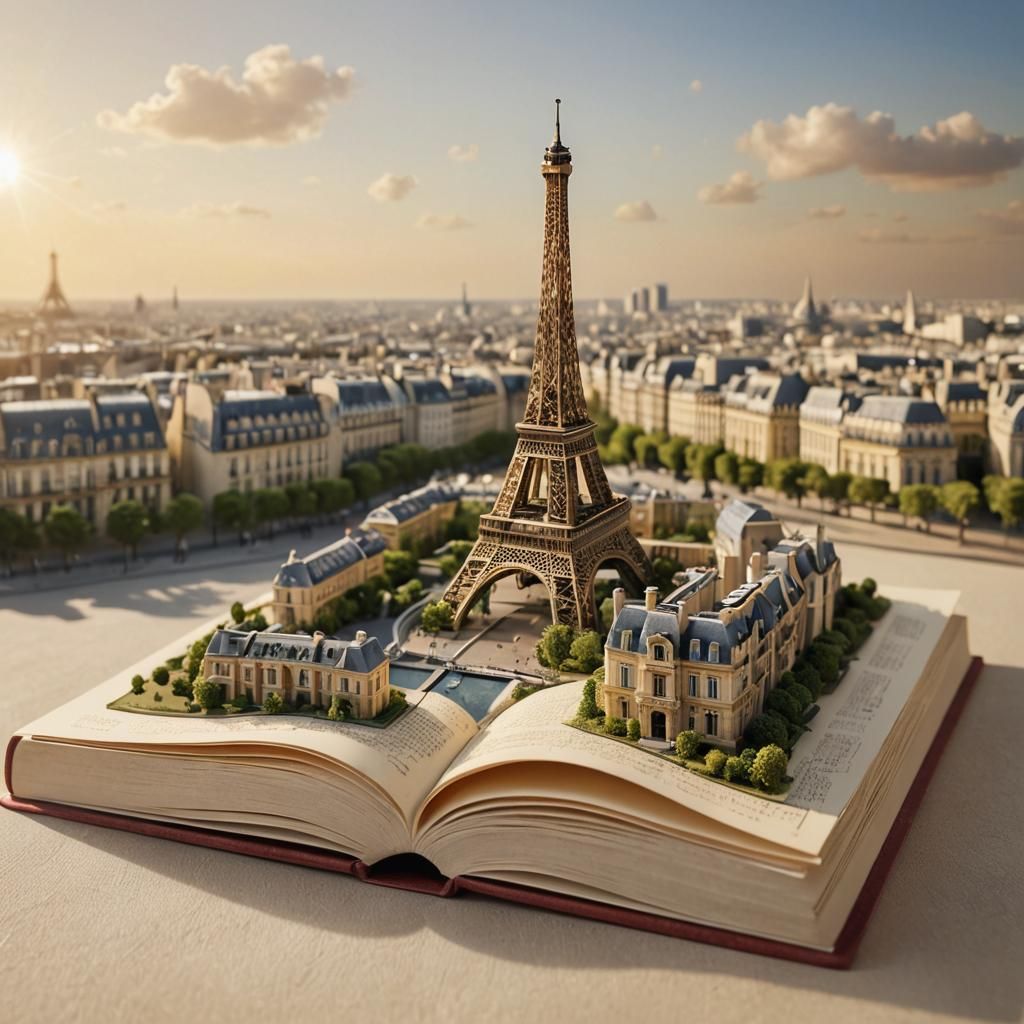 Paris History Book with 3D Monuments in Golden Light