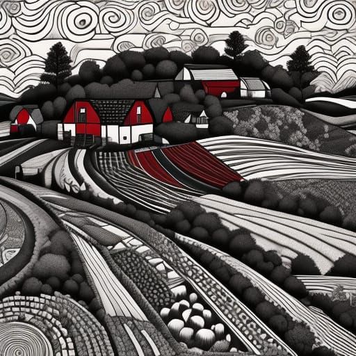 Zentangle Farmers Cultivating Rural Landscape in Intricate I...