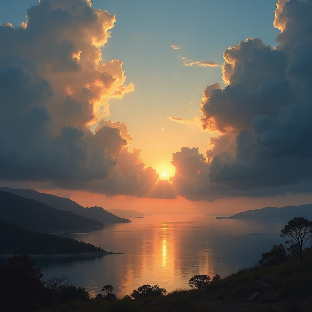 Ethereal Landscape with Sunset in Romanticist Style