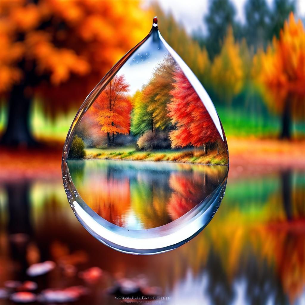 Autumn Landscape Encased in a Raindrop: Watercolor Art