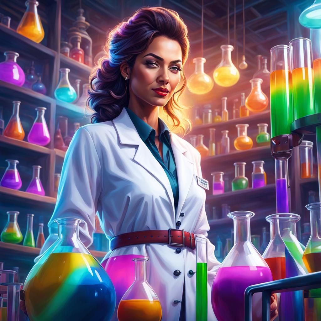 Beautiful Scientist with Beakers: Hyperrealistic Digital Art