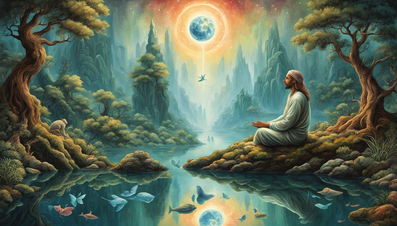 Meditating Man in Bioluminescent Silhouette with Sacred Geom...