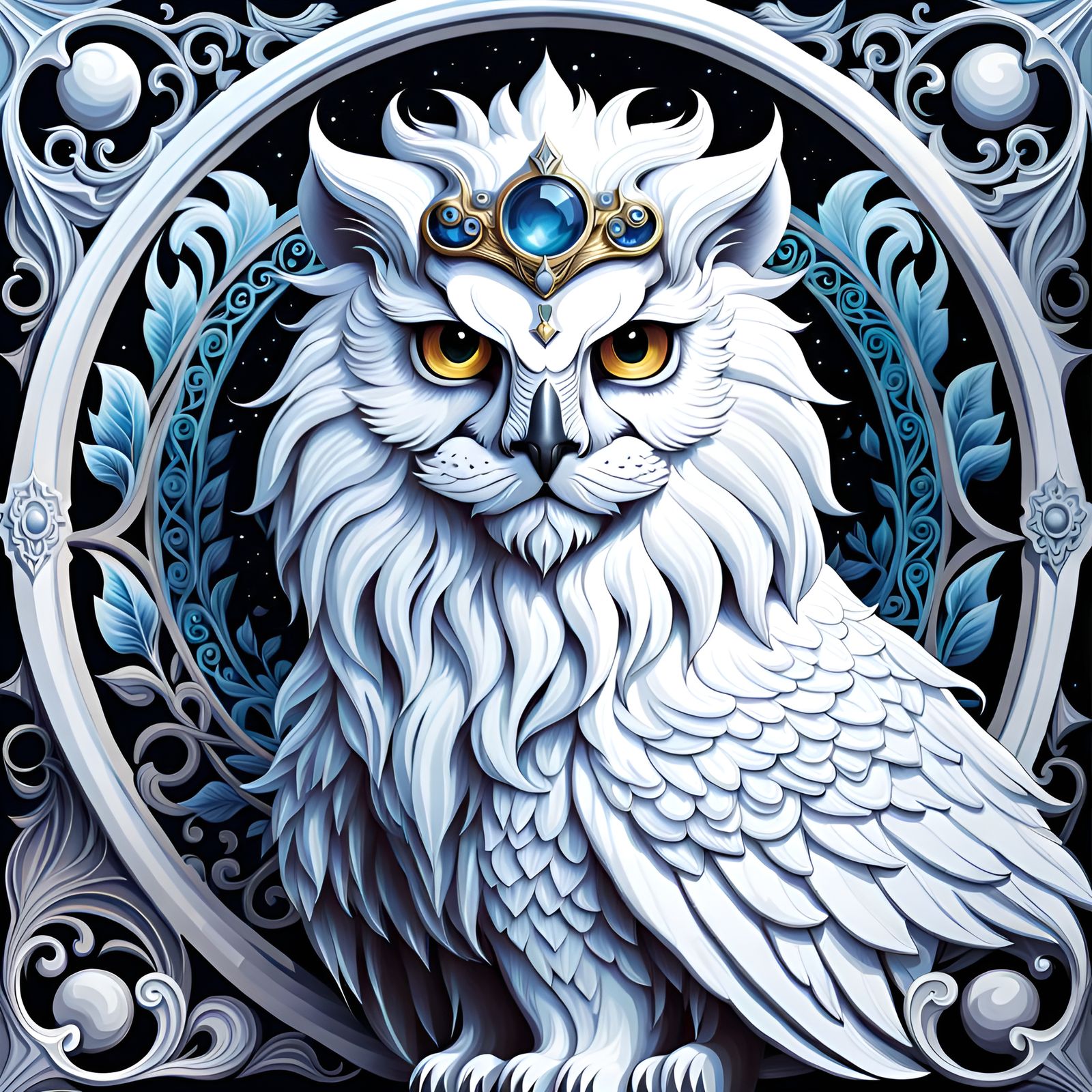 Lion-Owl Hybrid in Fairytale Scherenschnitt Style