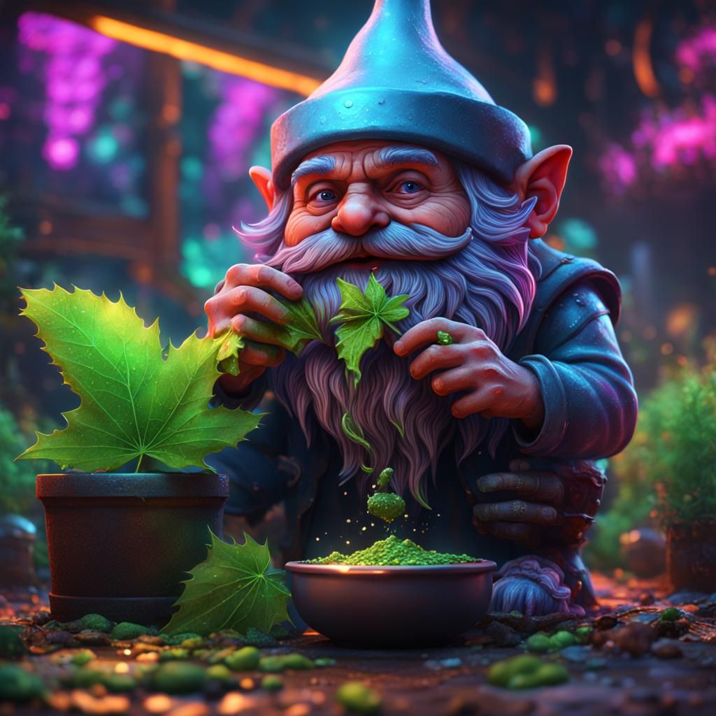 Neon Gnome Eating Pot Leaf: Detailed Fantasy Art