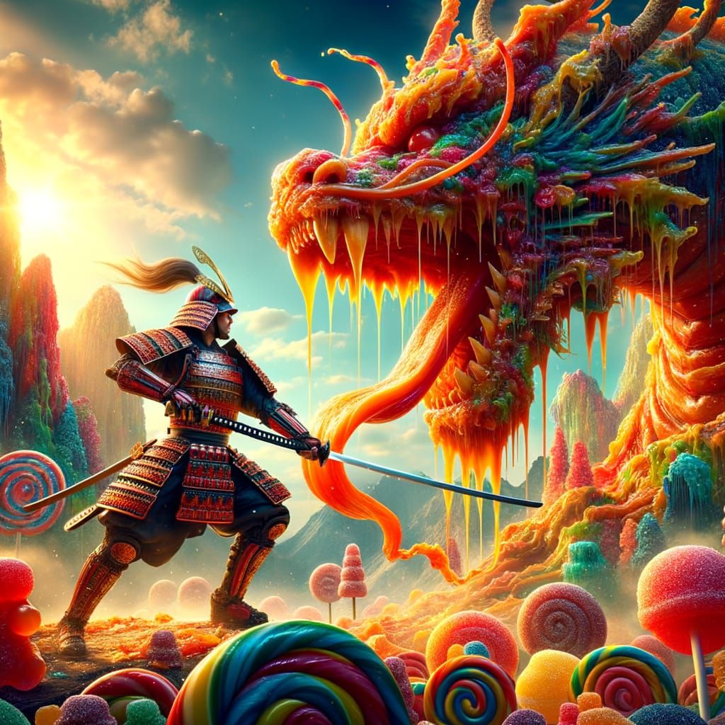 Warrior Battles Candy Dragon in Fantastical Gummy Landscape