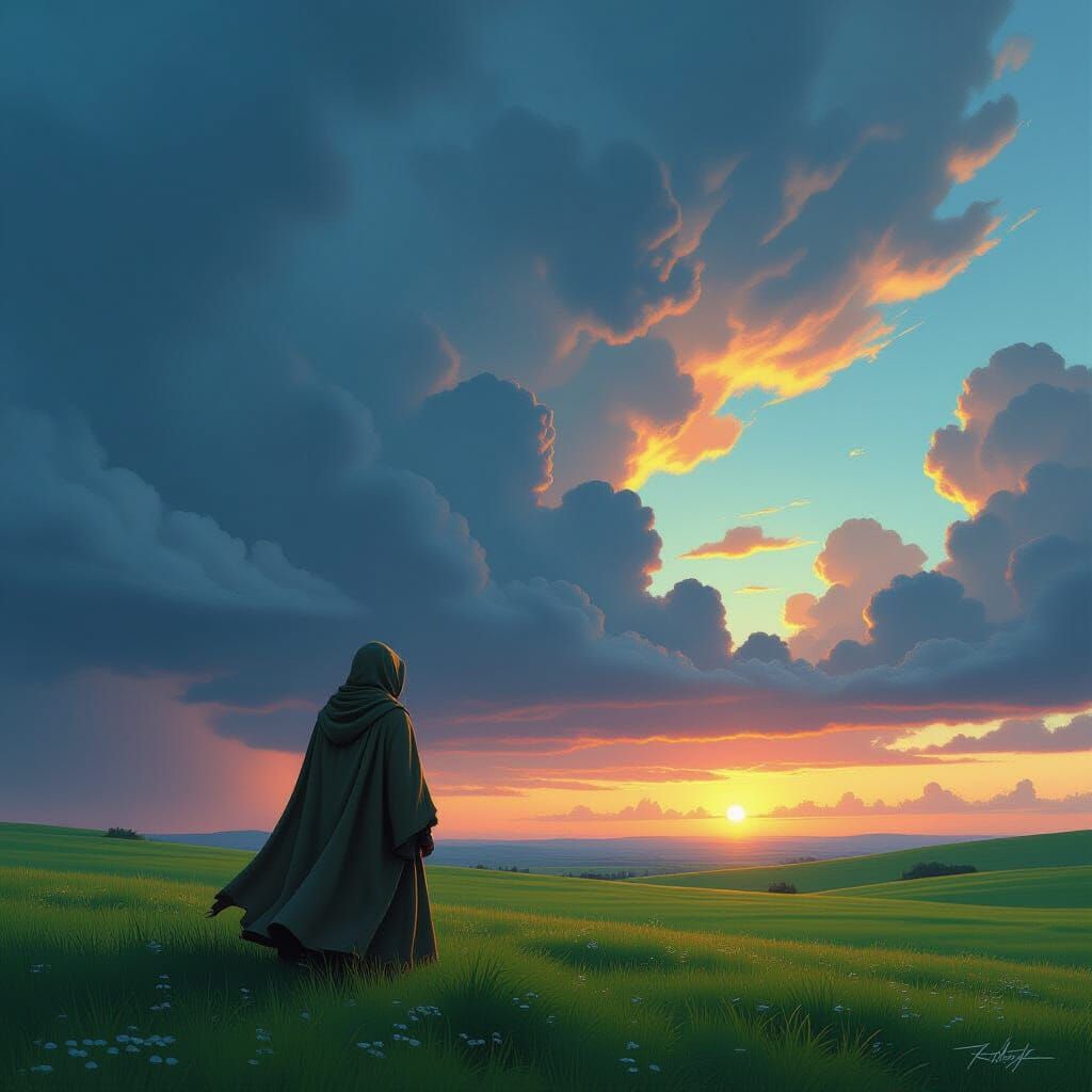 Lonely Wanderer in Meadow Under Stormy Sky