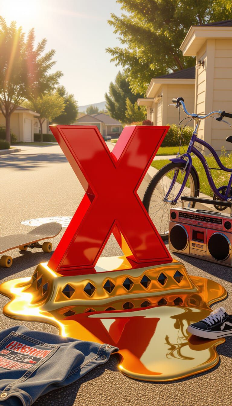 Glossy Red X Sign on 90s Driveway