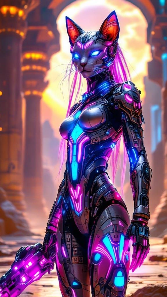 Cybernetic Feline Goddess in Futuristic Temple