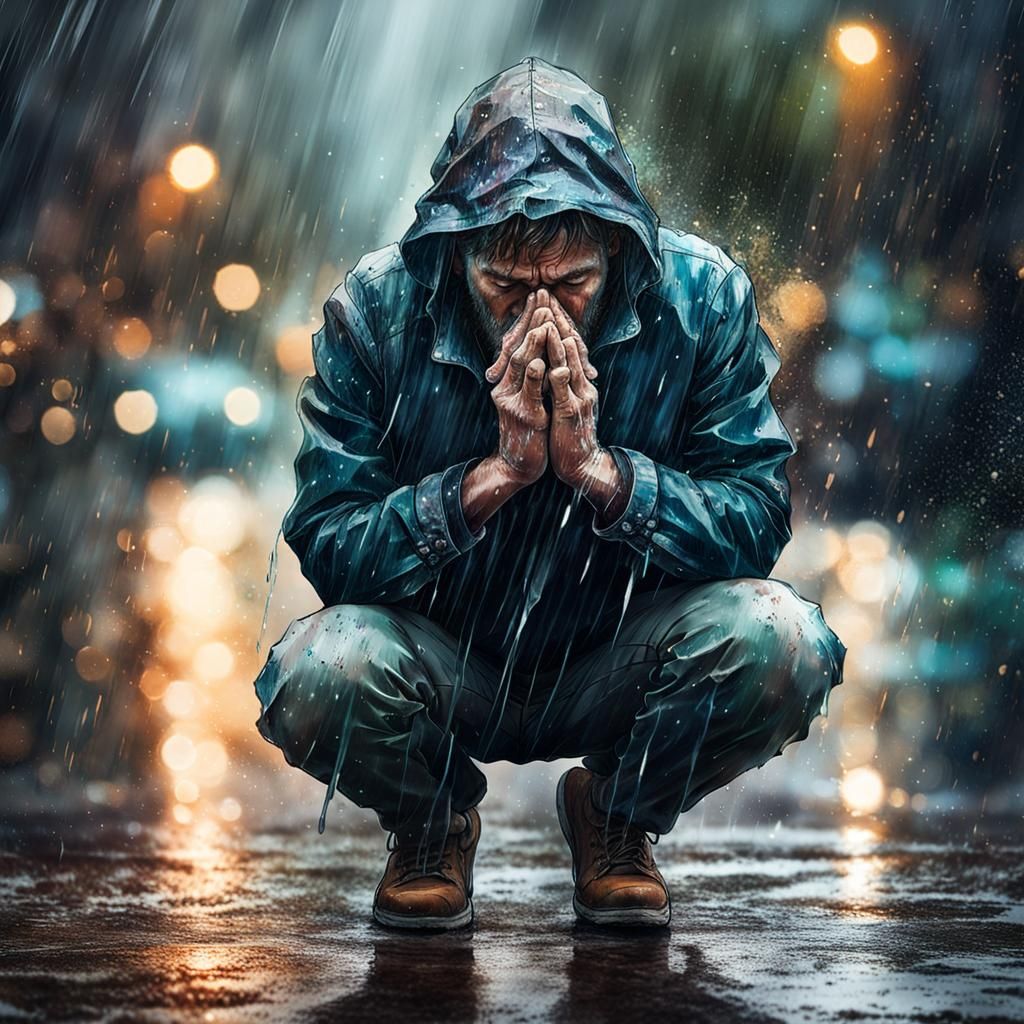Man Kneeling in Rain Begs Forgiveness