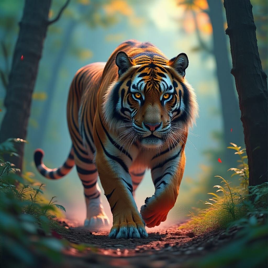 Tiger Gliding Through Forest in Hyperrealistic Style