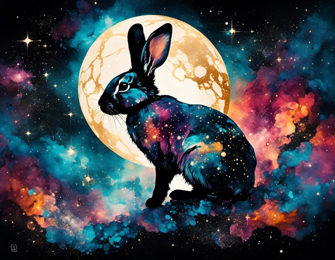 Cosmic Rabbit Tattoo Design in Alcohol Ink Style