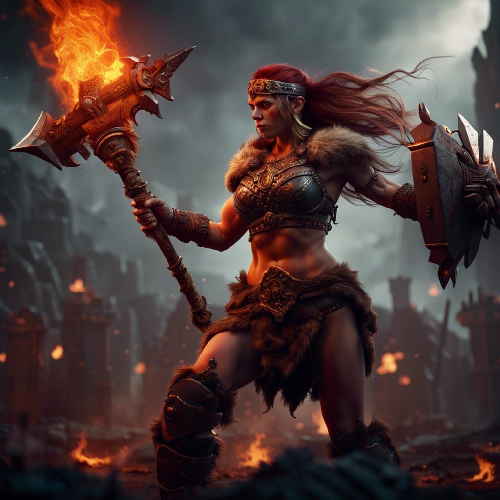 Barbarian Woman with Burning Axe: Fantasy Concept Art