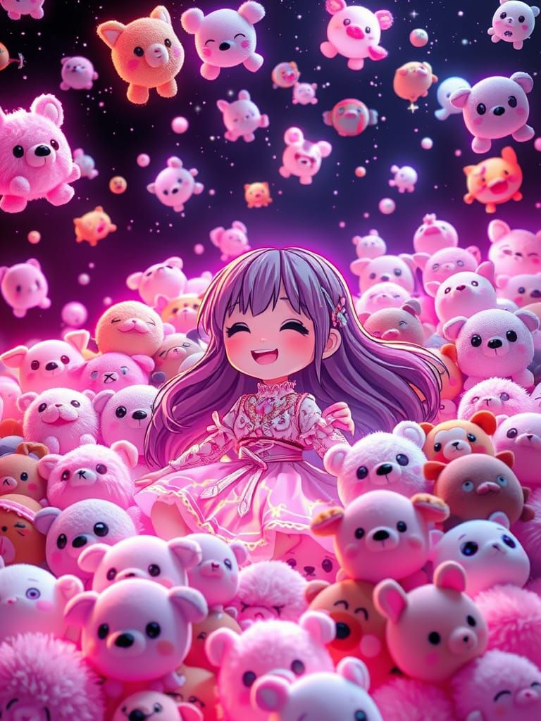 Anime Girl in Plushie Heaven: Neon Ink Art