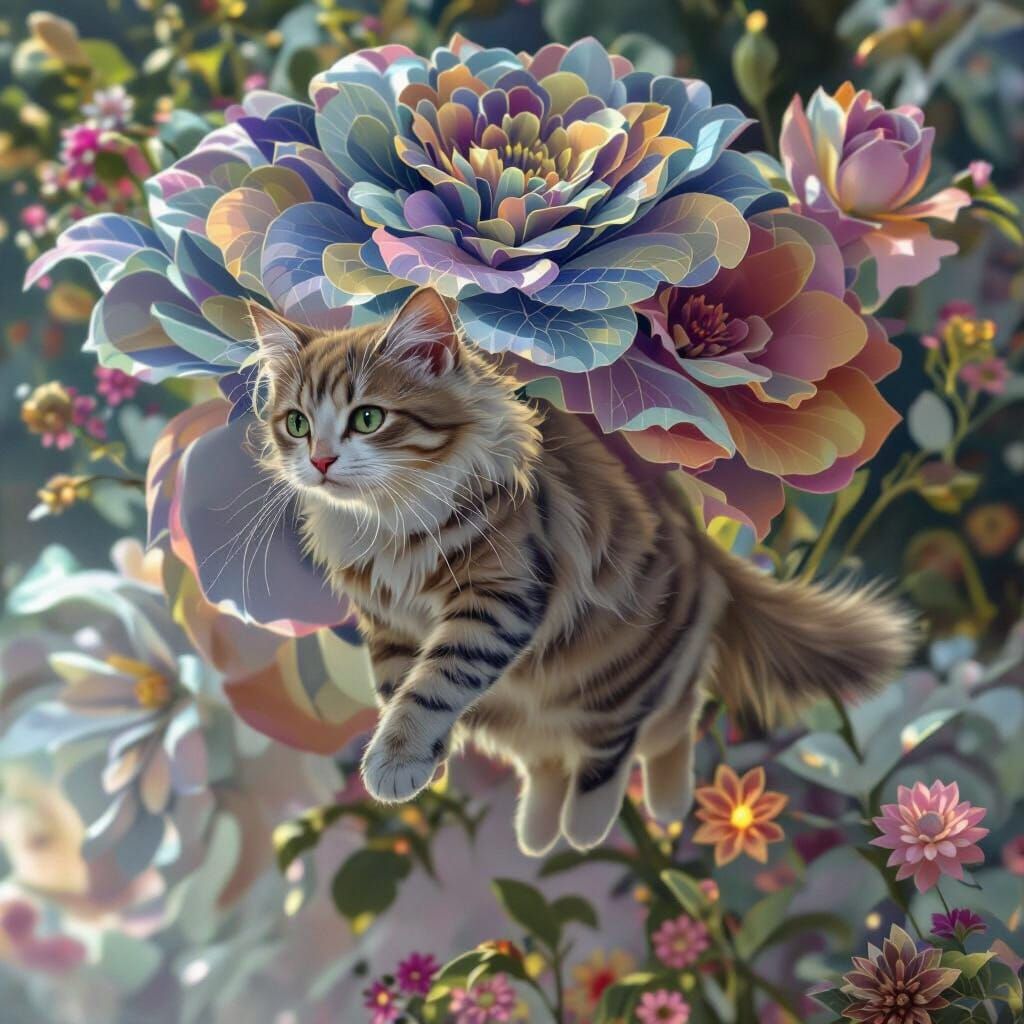Cat's Dream Flight Over Enchanted Garden