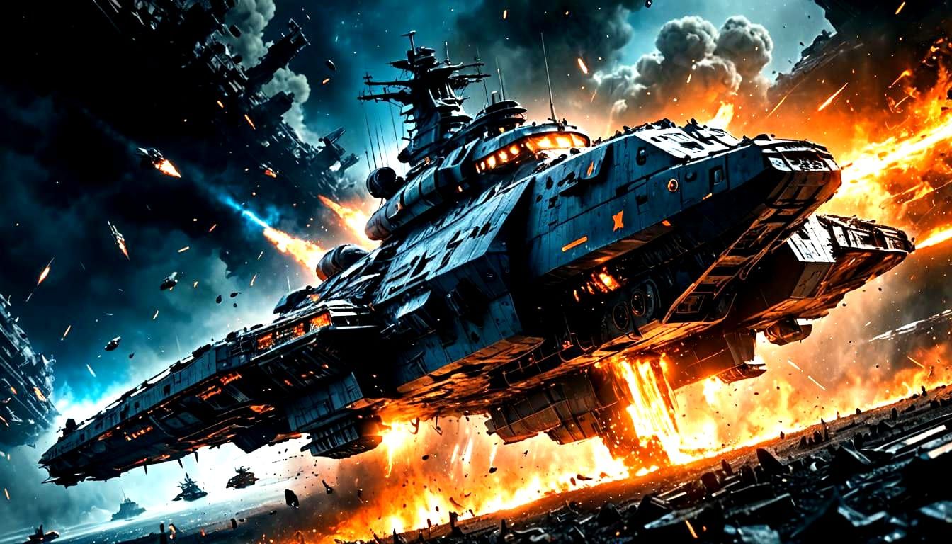 Detailed Sci-Fi Battleship in Space: Cinematic Film Still