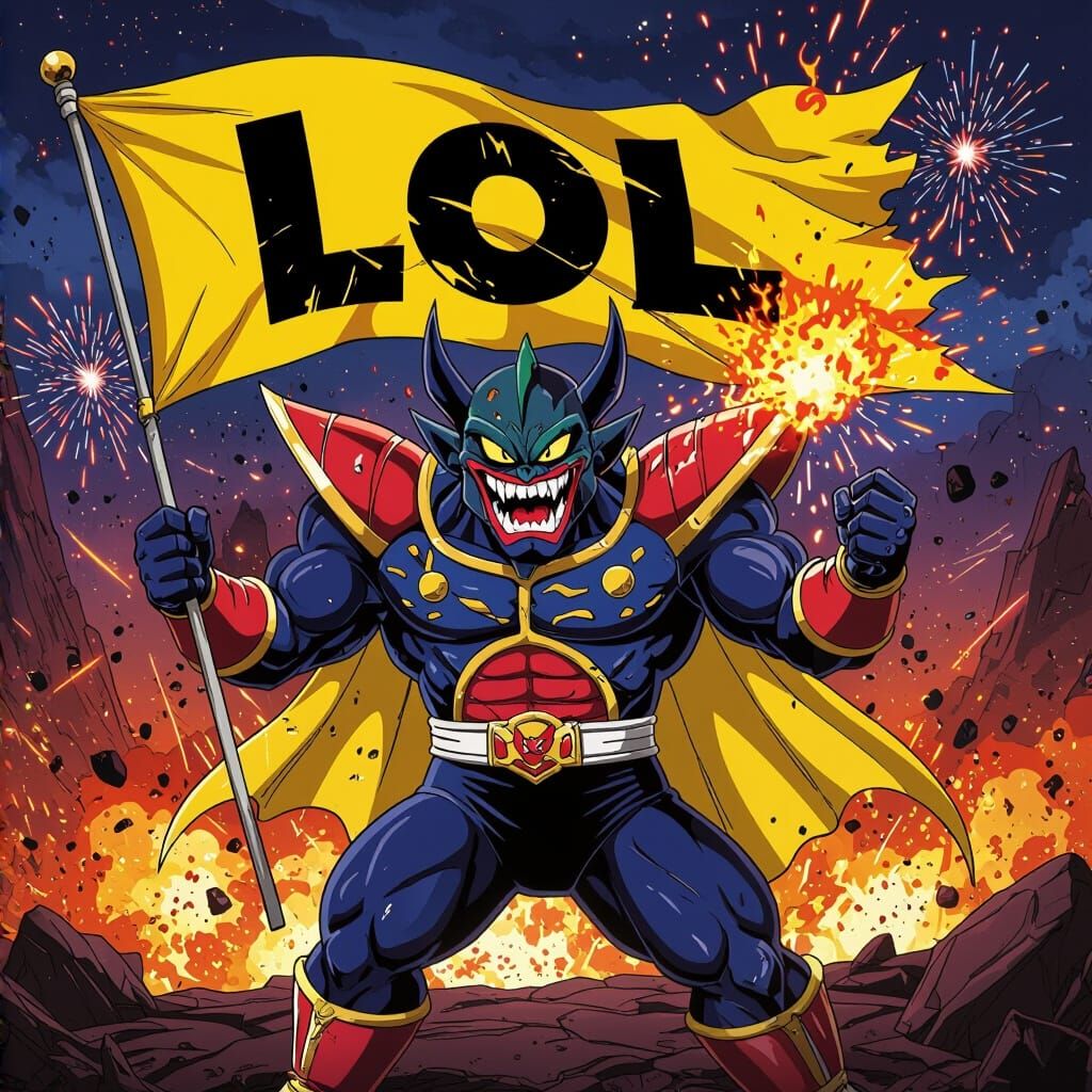 Evil Sentai Monster Holding Flaming LOL Flag