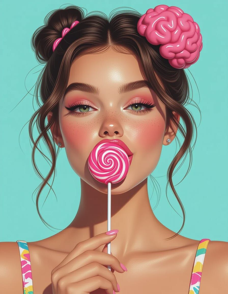 Woman Licking Pink Brain Lollipop: Hyper-Realistic Macro