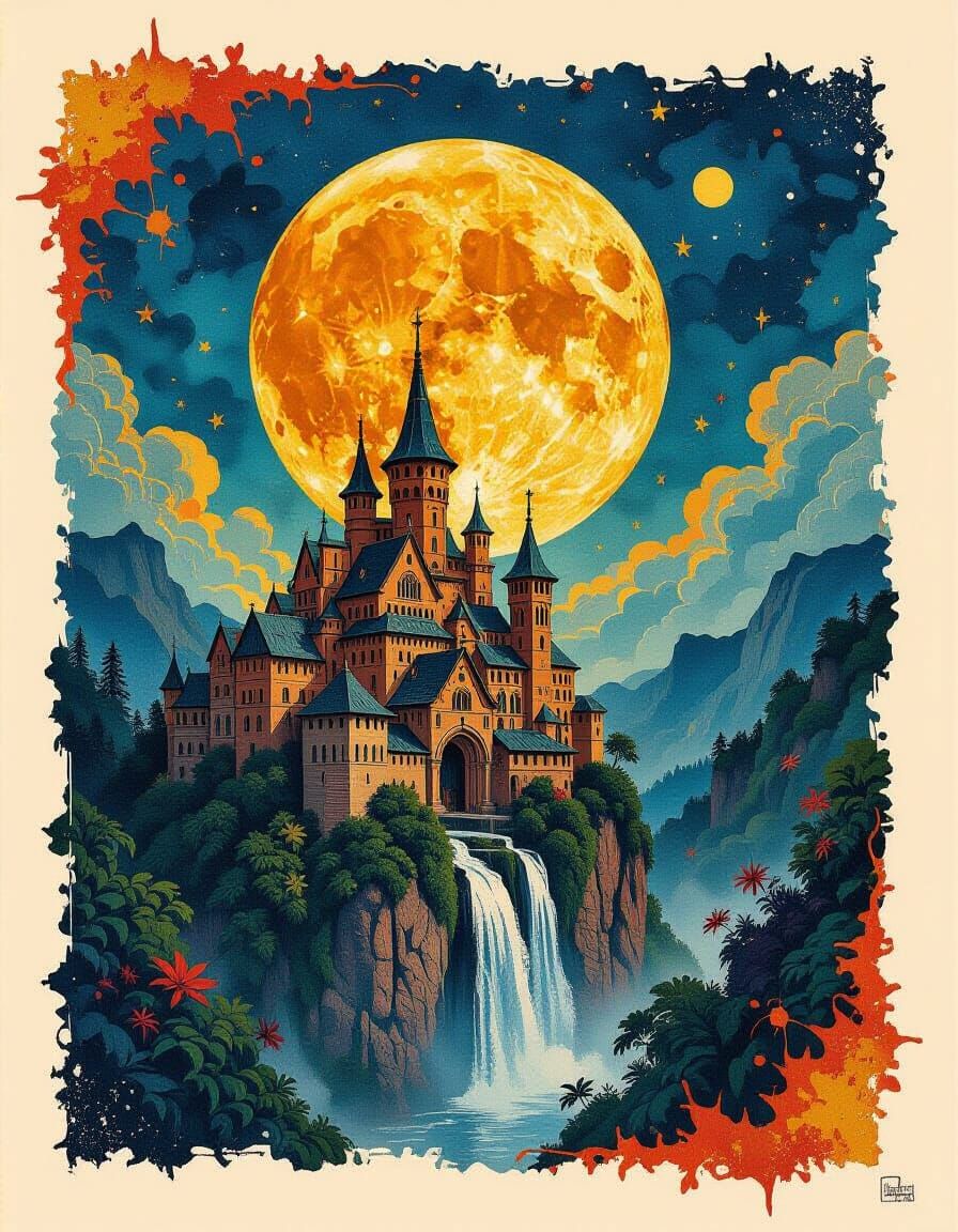 Intricate Medieval Jungle Village in Textured Moonlight