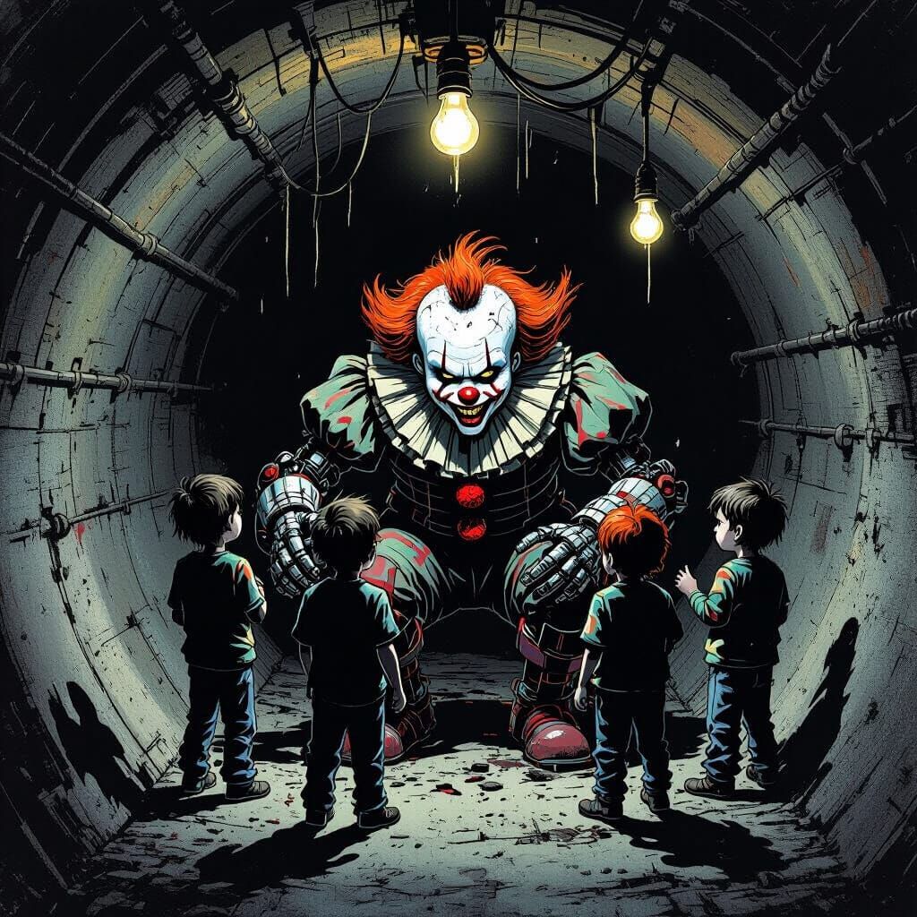 Robotic Clown Hostage Taker in Dark Comic Style