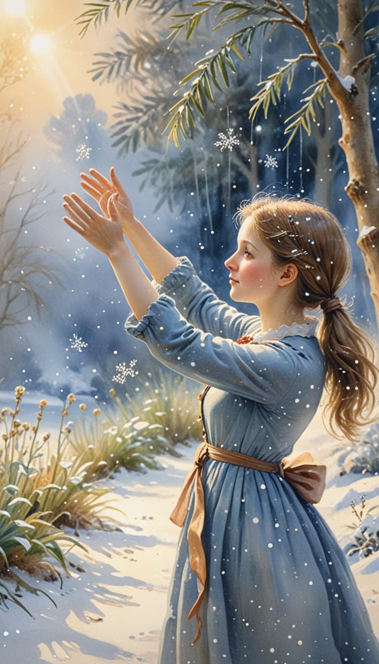 Girl Catches Snowflakes in a Whimsical Watercolor Scene
