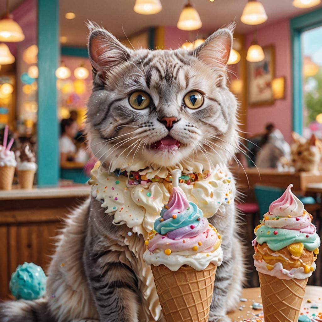 Cute Kitty Eats Ice Cream: Photorealistic Digital Art
