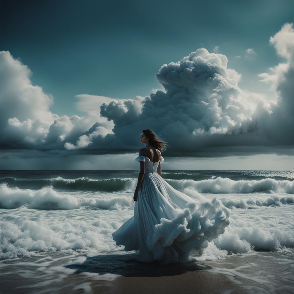 Woman in Cloud Dress on Ocean Wave